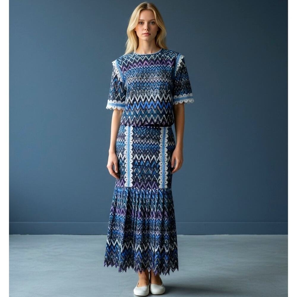 Saloni 2 Piece Lace Crop Top & Midi Skirt Set Blue Chevron US 2